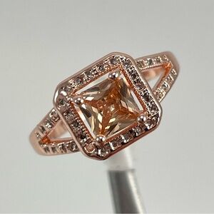 Beautiful Statement Cushion Cut Halo Champagne Diamond CZ Rose Gold Tone Ring
